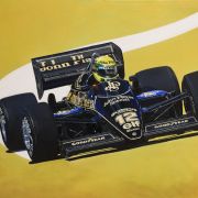 Detail of Ayrton Senna in his 1985 Lotus 97T Formula 1 car original painting by James Stevens