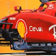 Detail of Charles Leclerc in his 2022 Ferrari Formula 1 car original painting by James Stevens