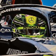 Detail of Lewis Hamilton and the Mercedes pit crew 2023 original painting by James Stevens