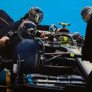 Lewis Hamilton and the Mercedes pit crew 2023 original painting by James Stevens