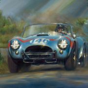 Artwork by Paul Dove depicting Dan Gurney races through the Sicilian countryside in the iconic AC Shelby Cobra Ford at Targa Florio in 1964.