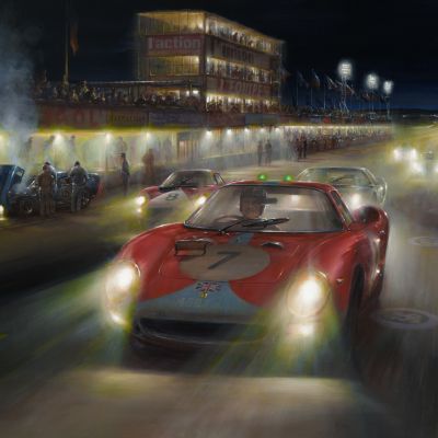 THREE WAY FIGHT – 1964 Reims 12 Hours, Graham Hill, Ferrari – Original Painting by Paul Dove