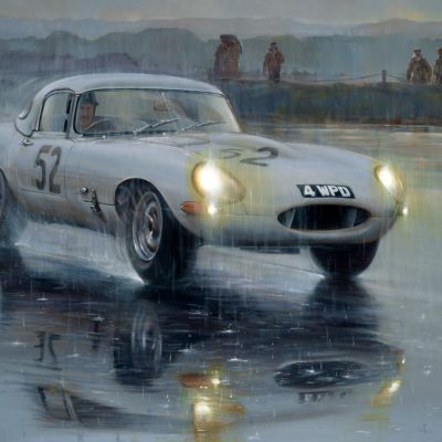 REFLECTING GLORY – Graham Hill Jaguar E-type Snetterton – Original Painting by Paul Dove