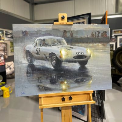 REFLECTING GLORY – Graham Hill Jaguar E-type Snetterton – Original Painting by Paul Dove